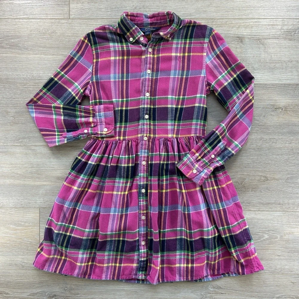 Polo Ralph Lauren Girls 12 Pink Plaid‎ Flannel Shirt Dress Long Sleeves Pockets